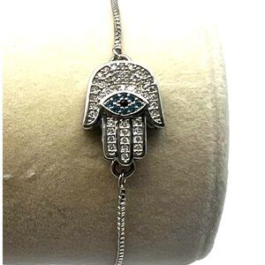 Silver Tone Hamsa Rhinestone Bracelet With Adjustable Chain.  A70